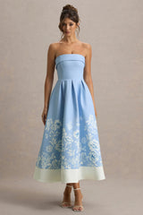 Annalise | Light Blue Floral Print Bandeau Skater Midi Dress