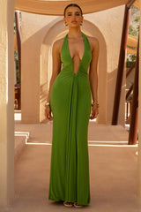 Hera | Green Extreme Plunge Maxi Dress With Ruched Detail