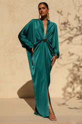 Tina | Dark Green Satin Plunge-Neck Embellished Maxi Dress