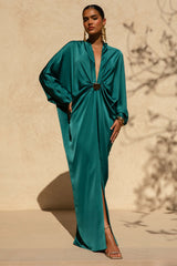 Tina | Dark Green Satin Plunge-Neck Embellished Maxi Dress