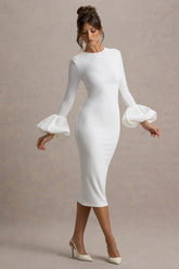 Celie | White Long-Sleeve Midi Dress With Puff Cuffs