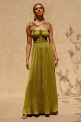 Azalea | Green Square-Neck Maxi Dress With Chest Cut-Out And Pleated Detailing