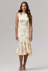 Priceless | Lemon Print High-Neck Fishtail Midi Dress
