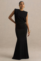 Meave | Black High Neck Maxi Dress With Draping Detail