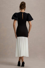 Cinzia | Black & White Puff-Sleeve Volume-Hem Midi Dress