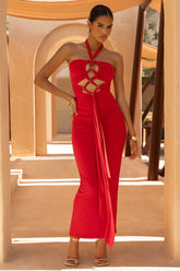 Erin | Red Halter-Neck Maxi Dress With Cut-Out Detail
