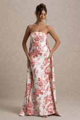 Lywenn | Pink Porcelain Print Bandeau Maxi Dress With Cape