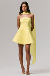 Love Me | Lemon Satin Skater Mini Dress With Chiffon Scarf