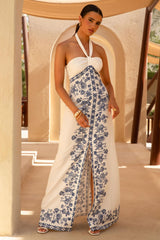 Arula | White & Blue Print Halter-Neck Maxi Dress
