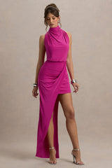 Amphitrite | Hot Pink High-Neck Ruched Maxi Dress With Wrap Skirt