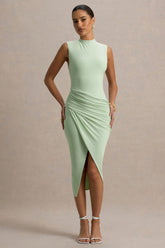 Estella | Light Green Midi Dress With Drape Skirt