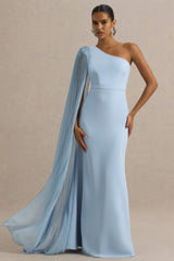 Athens | Powder Blue Asymmetric-Neck Maxi Dress With Cape Sleeve Detail