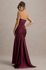 Cassidy | Burgundy Satin Bandeau Gathered Maxi Dress