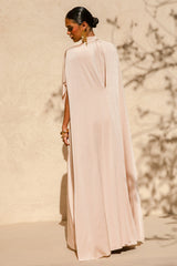 Olessia | Champagne Belted Gathered Cape-Sleeve Maxi Dress