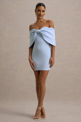 Sadie | Powder Blue Bow Bardot Mini Dress