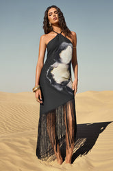 Dhalia | Black Floral Print Halter-Neck Fringe Maxi Dress