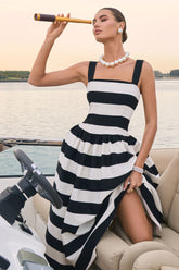 Monte Carlo | Black & White Striped Square-Neck Drop-Waist Midi Dress
