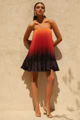 Tropical | Orange Ombre Satin Mini Dress With Ruffle Hem