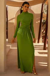 Hourglass | Green Long-Sleeve Twisted Maxi Dress With Split