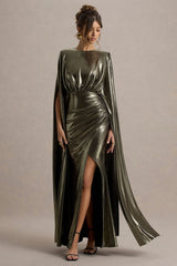 Theia | Gold Metallic Cape-Sleeve Split Maxi Dress