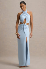 Aura | Powder Blue Halter-Neck Cut-Out Split Maxi Dress