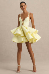 Flavia | Lemon Linen Plunge-Neck Ruffled Skater Micro-Mini Dress