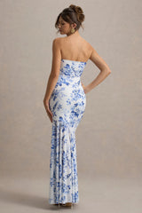 Callie | Blue Porcelain Print Bandeau Fishtail Maxi Dress