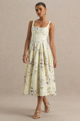 Lissa | Lemon Floral Bouquet Print Square-Neck Midi Dress