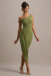 Angelique | Olive Green Twisted Asymmetric Maxi Dress