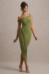 Angelique | Olive Green Twisted Asymmetric Maxi Dress