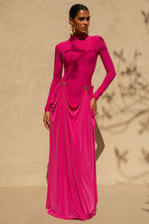 Caprice | Hot Pink High-Neck Maxi Dress With Embellished Details