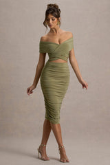 Clovette | Olive Ruched Bardot Cut-Out Midi Dress
