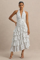 Violet | White Polka Dot Linen Midi Dress With Halter-Neck and Ruffled Skirt