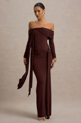 Jovie | Brown Bardot Wrap Maxi Dress With Sash Detail