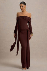 Jovie | Brown Bardot Wrap Maxi Dress With Sash Detail