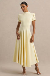 Vicky | Lemon High Neck Midi Dress With Puff Sleeves