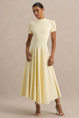 Vicky | Lemon High Neck Midi Dress With Puff Sleeves