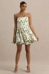Valerian | White Botanical Print Bandeau Mini Dress With Ruffle Hem