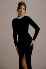 Love Lost | Black Velvet Embellished Twist Maxi Dress