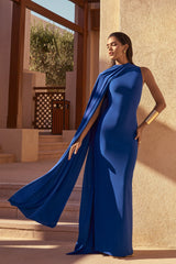 Padma | Blue Draped Maxi Dress With Cape Sleeves