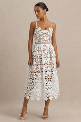 Zuri | White Lace Sweetheart Midi Dress With Cami Straps