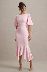 Ashling | Pink Flutter-Sleeve Hanky-Hem Midi Dress