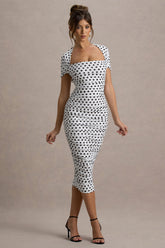 Paxos | White Polka Dot Ruched Short-Sleeve Midi Dress