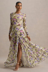 Koami | Yellow Floral Sheer Mesh Long-Sleeve Ruched Maxi Dress With High Split