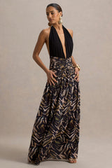 Ferreira | Zebra Print Plunge-Neck Maxi Dress