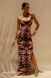 Roxana | Zebra Print Square Neck Maxi Dress With Open-Back