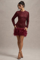 Claudia | Berry Sequin High Neck Feather Hem Mini Dress With Long Sleeves