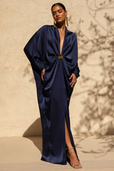 Tina | Navy Satin Plunge-Neck Embellished Maxi Dress
