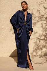 Tina | Navy Satin Plunge-Neck Embellished Maxi Dress