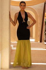 Edda | Black And Olive Plunge-Neck Maxi Dress With Open-Back